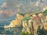an oil painting of a beach scene with a cliff and a body of water
