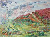 painting of a painting of a landscape with a mountain in the background