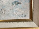an image of a painting on a table with a striped table cloth