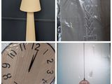 un collage de photos avec une horloge et une lampe