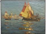 une peinture représentant un voilier sur l'eau, avec d'autres bateaux en arrière-plan