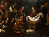 an image of a painting of a group of people surrounding a baby in a manger