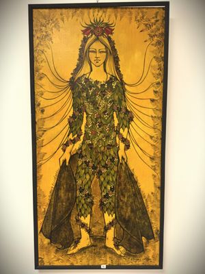 an image of a painting of a woman in a green dress