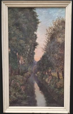 an image of a painting of a river in a wooded area