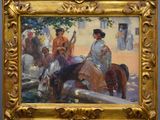 a painting of a woman riding a horse next to a group of people