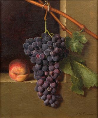 un tableau représentant une grappe de raisin et une pêche posés sur un rebord