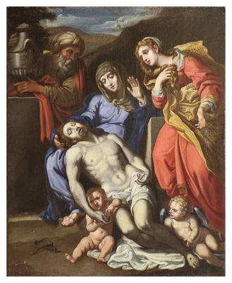 an image of a painting of jesus on the cross with other people