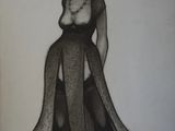 dessin représentant une femme vêtue d'une robe noire et de collants