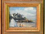 une peinture à l'huile représentant une scène de plage avec des gens sur le sable
