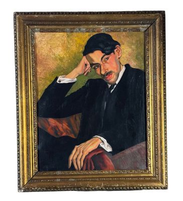painting of a man in a black suit and hat sitting on a red chair