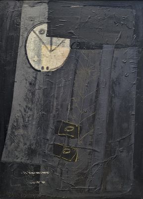 une peinture représentant une horloge sur fond noir