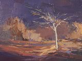 an oil painting of a tree in a field with a purple sky in the background