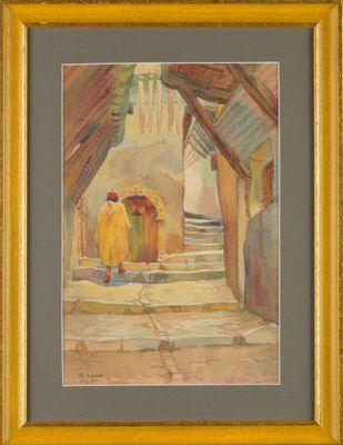 an image of a painting of two people walking down a street