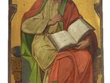 une image représentant un tableau où l'on voit Jésus en train de lire un livre, avec une colombe au-dessus de lui