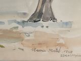 a watercolor painting of a woman holding an umbrella