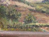 an oil painting of a mountain scene with trees and bushes