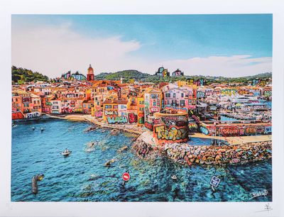 une image d'un tableau représentant une ville au bord de l'eau
