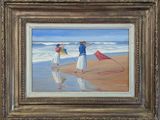 tableau représentant deux femmes faisant voler un cerf-volant sur la plage