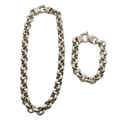 a silver chain bracelet and bracelet set on a white background