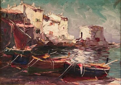 une peinture représentant une peinture de bateaux sur l'eau