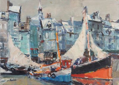 a painting of boats docked in a harbor with buildings in the background