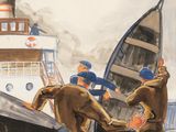 a painting of two men loading a boat onto the water