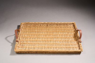 rectangular wicker serving tray with leather handles