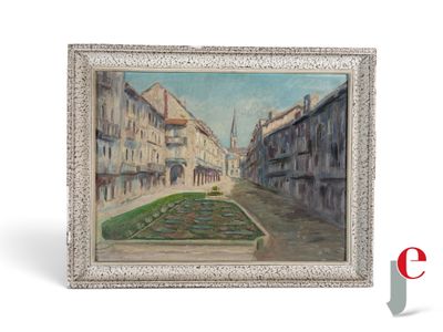 une peinture à l'huile représentant une scène de rue avec des bâtiments et une fontaine