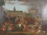 tableau représentant un groupe de personnes dans un paysage, avec un homme à cheval et une femme à cheval