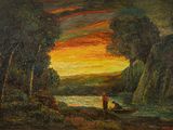 an oil painting of two people in a boat on a river
