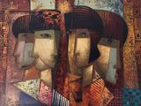 peinture abstraite représentant deux hommes portant un chapeau et une écharpe
