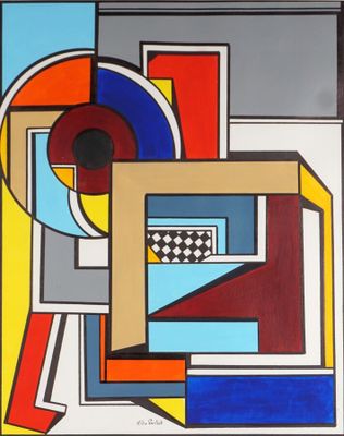 une peinture abstraite représentant un motif géométrique avec un cercle rouge, un cercle bleu, un cercle jaune et un cercle rouge