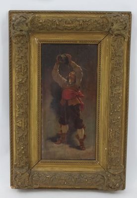 un vieux tableau représentant un homme et une femme en robe rouge