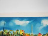 a picture of a painting of a city by the water