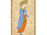 un tableau représentant une femme vêtue d'un manteau bleu et d'une robe orange
