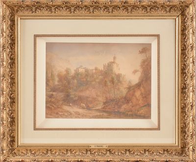 a painting of a landscape with a castle in the distance