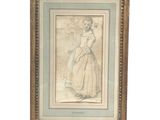 un vieux dessin représentant une fillette en robe tenant une fleur