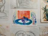 sketches of a woman sitting in a chair in front of a painting
