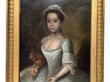 painting of a woman in a white dress holding a dog