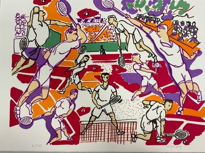 un dessin représentant un groupe de personnes jouant au tennis