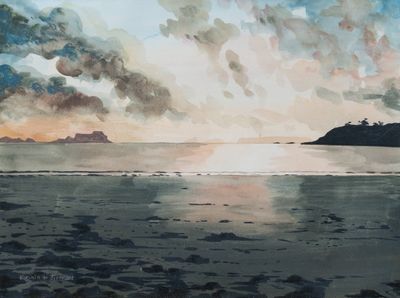 une aquarelle représentant un coucher de soleil sur l'océan