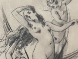 drawing of two nudes and a man with a kite in the air
