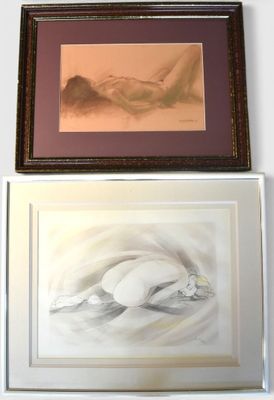 two paintings on the wall above a picture of a woman
