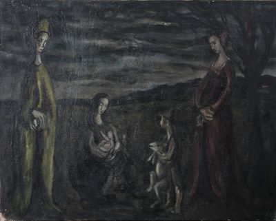 painting of three women and a child in a landscape with a dog