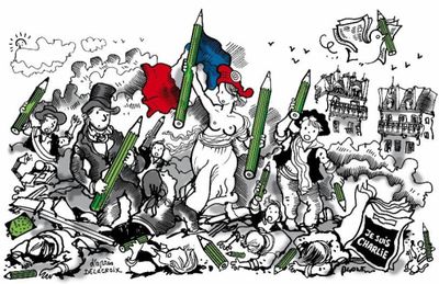 illustration représentant un groupe de personnes tenant des drapeaux et des crayons devant un château