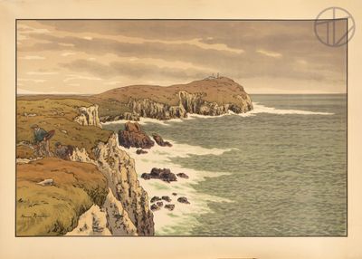 painting of a view of a rocky coastline with a lighthouse in the distance