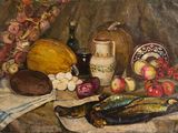 un tableau représentant une nature morte avec des fruits et des légumes posés sur une table