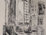 drawing of a drawing of a living room with a chair and a window