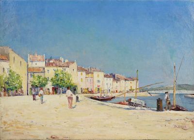 un tableau représentant des personnes marchant sur la plage au bord de l'eau