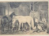 a drawing of a horse in a stable with other animals